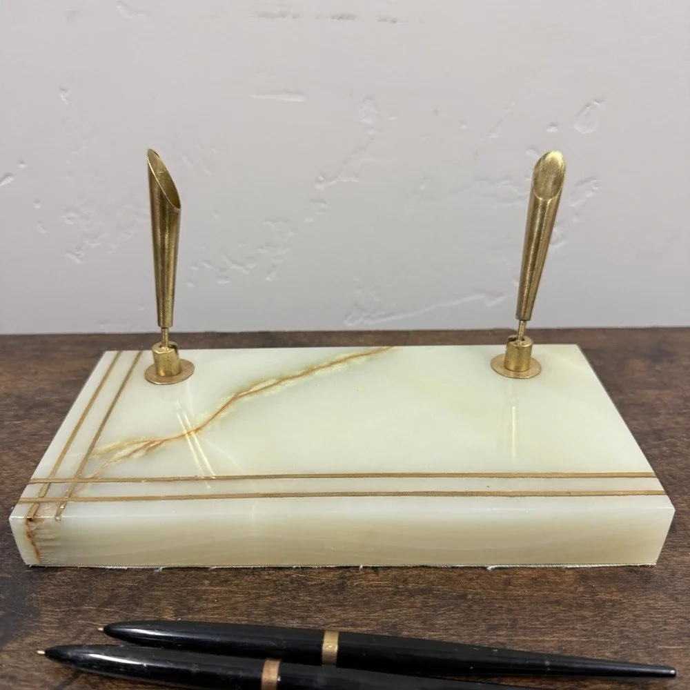 Sheaffer‎ Vintage Green Marble Double Ball Pen Pen Desk Set Made In Pakistan
